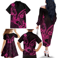 Pink Black Aloha Hawaii Family Matching Off The Shoulder Long Sleeve Dress and Hawaiian Shirt Polynesian Shark Tattoo With Plumeria - Polynesian Pride