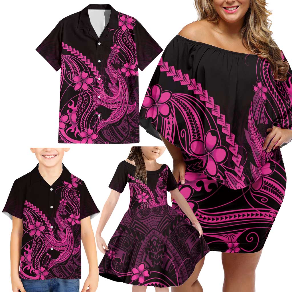 Pink Black Aloha Hawaii Family Matching Off Shoulder Short Dress and Hawaiian Shirt Polynesian Shark Tattoo With Plumeria LT14 - Polynesian Pride