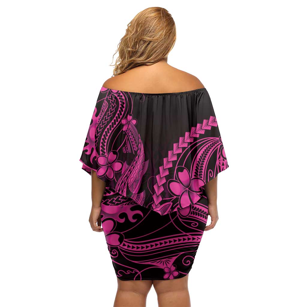 Pink Black Aloha Hawaii Family Matching Off Shoulder Short Dress and Hawaiian Shirt Polynesian Shark Tattoo With Plumeria - Polynesian Pride