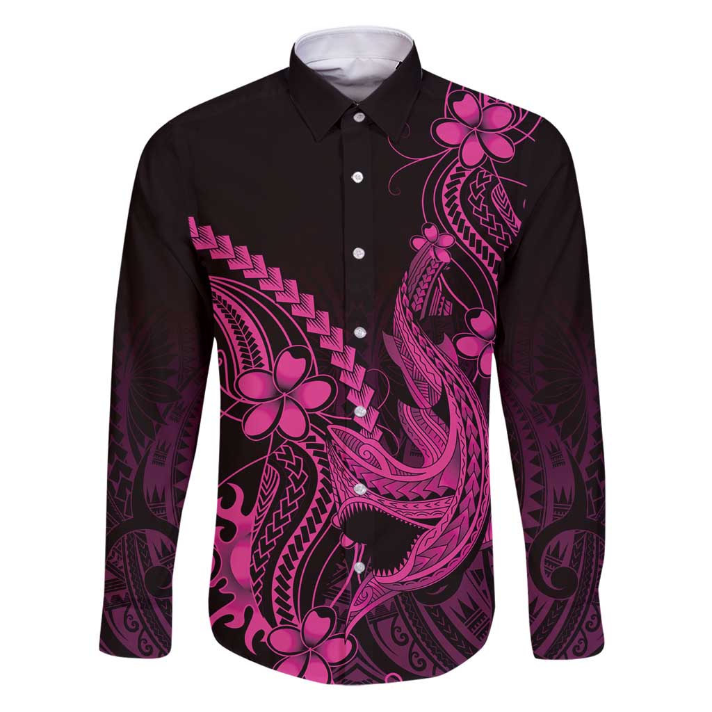 Pink Black Aloha Hawaii Family Matching Puletasi and Hawaiian Shirt Polynesian Shark Tattoo With Plumeria - Polynesian Pride