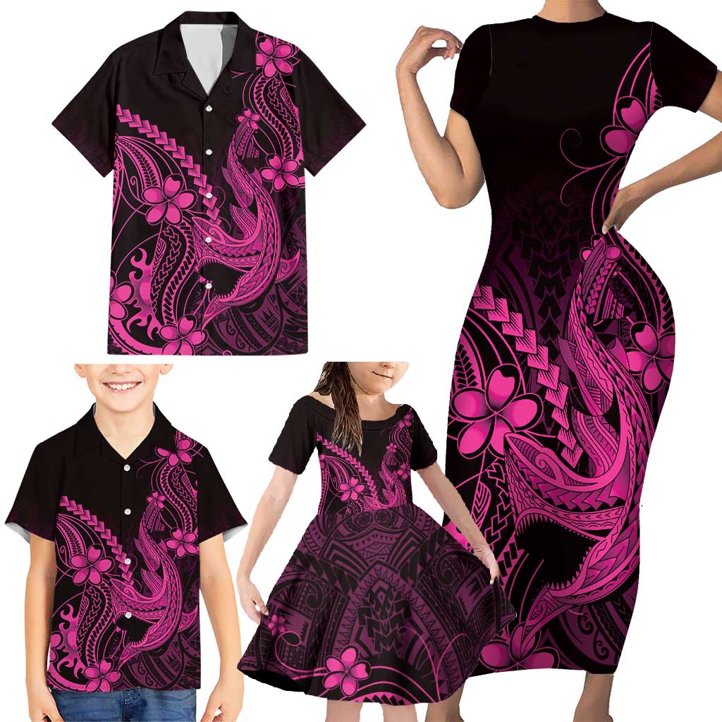 Pink Black Aloha Hawaii Family Matching Short Sleeve Bodycon Dress and Hawaiian Shirt Polynesian Shark Tattoo With Plumeria - Polynesian Pride