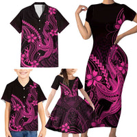 Pink Black Aloha Hawaii Family Matching Short Sleeve Bodycon Dress and Hawaiian Shirt Polynesian Shark Tattoo With Plumeria - Polynesian Pride
