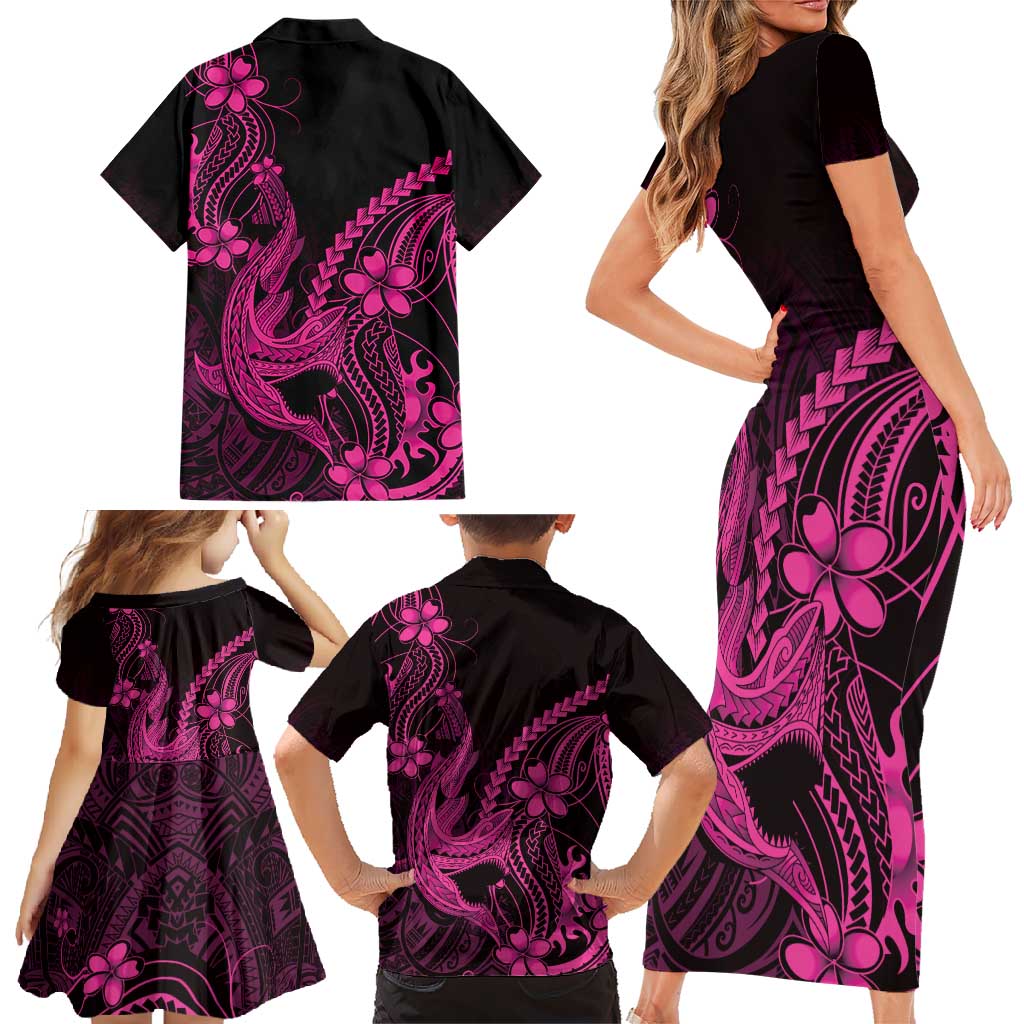 Pink Black Aloha Hawaii Family Matching Short Sleeve Bodycon Dress and Hawaiian Shirt Polynesian Shark Tattoo With Plumeria - Polynesian Pride