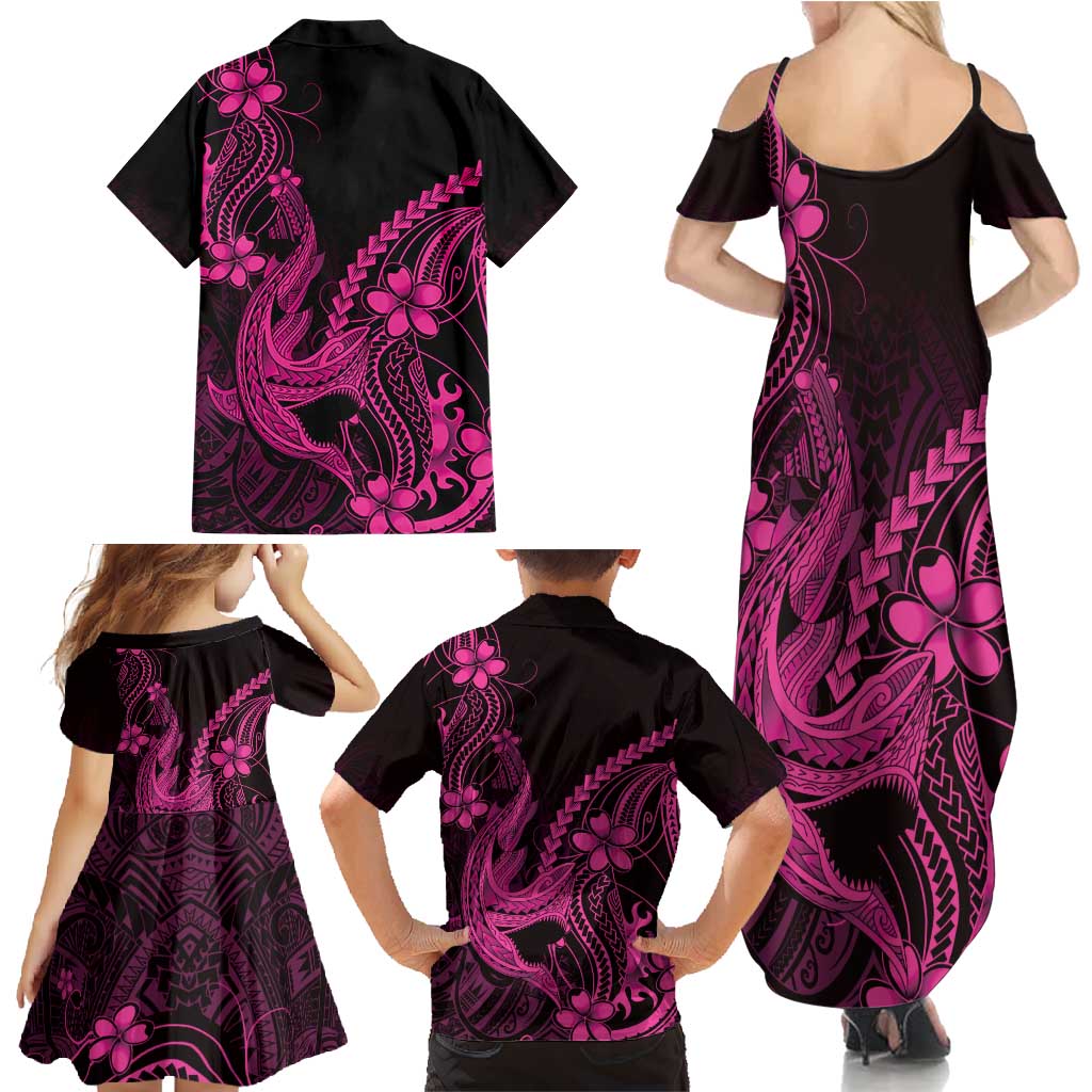 Pink Black Aloha Hawaii Family Matching Summer Maxi Dress and Hawaiian Shirt Polynesian Shark Tattoo With Plumeria - Polynesian Pride