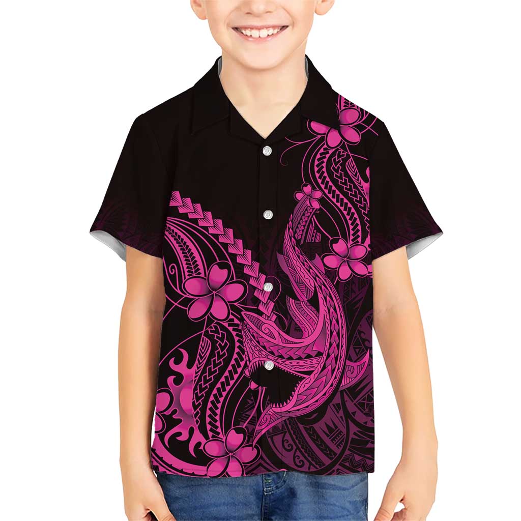 Pink Black Aloha Hawaii Kid Hawaiian Shirt Polynesian Shark Tattoo With Plumeria - Polynesian Pride