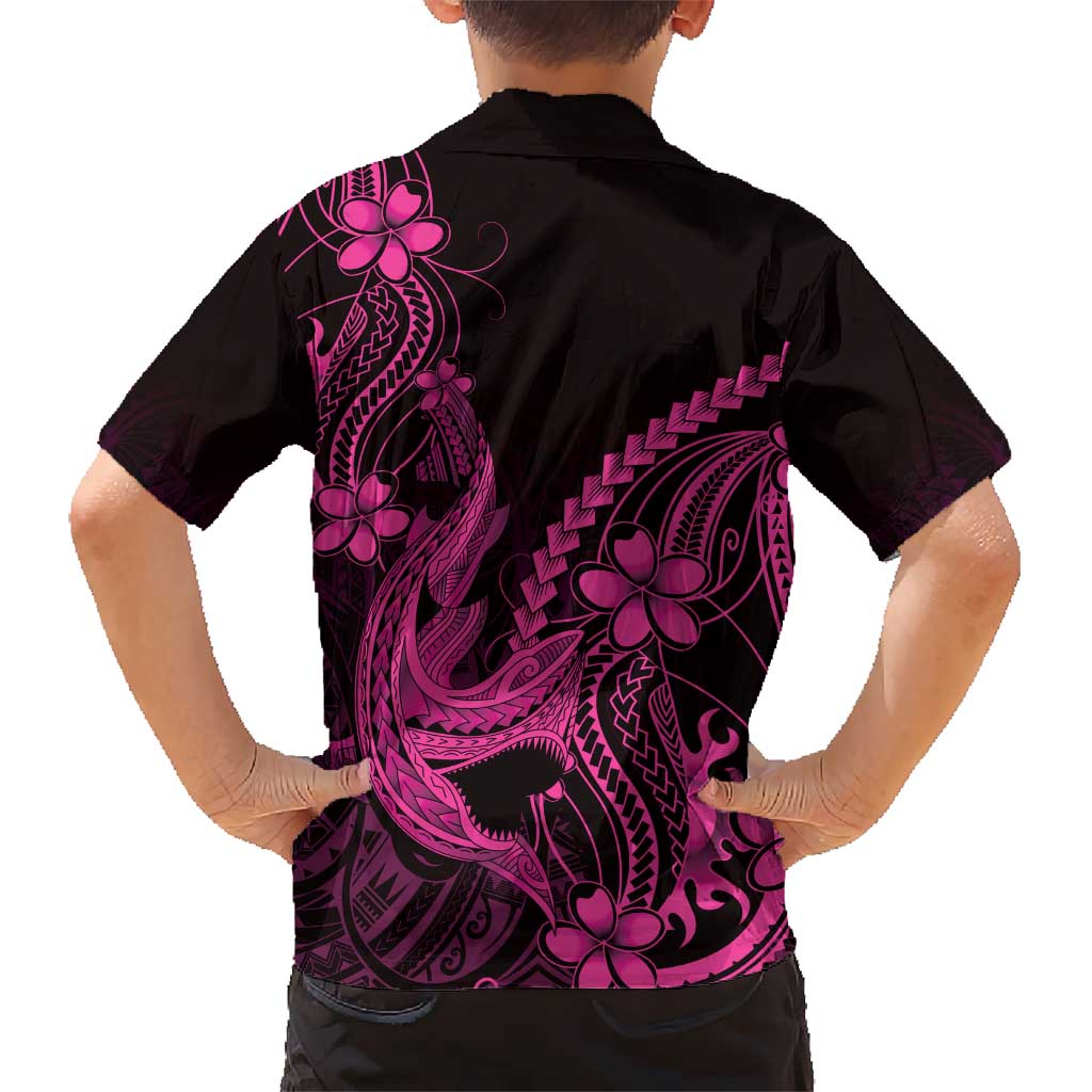 Pink Black Aloha Hawaii Kid Hawaiian Shirt Polynesian Shark Tattoo With Plumeria - Polynesian Pride