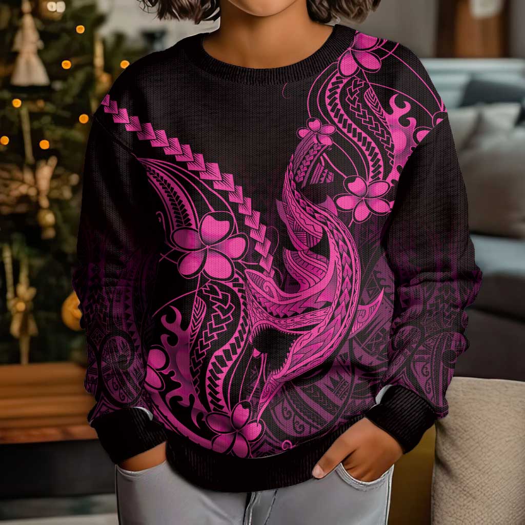 Pink Black Aloha Hawaii Kid Ugly Christmas Sweater Polynesian Shark Tattoo With Plumeria - Polynesian Pride