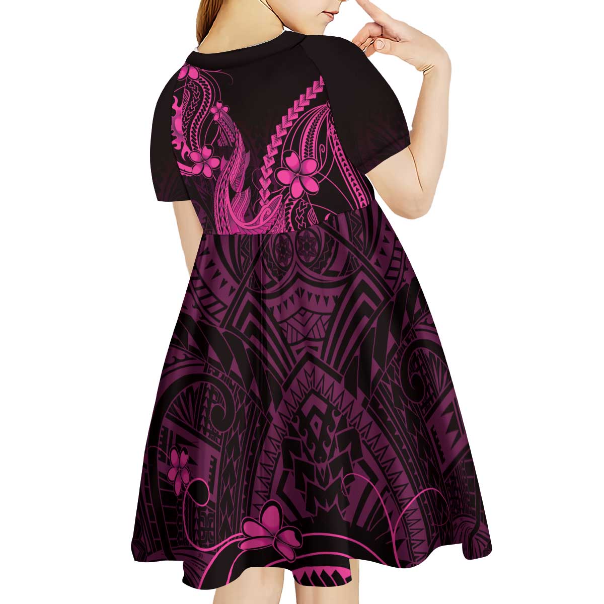 Pink Black Aloha Hawaii Kid Short Sleeve Dress Polynesian Shark Tattoo With Plumeria - Polynesian Pride