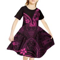 Pink Black Aloha Hawaii Kid Short Sleeve Dress Polynesian Shark Tattoo With Plumeria - Polynesian Pride