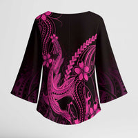 Pink Black Aloha Hawaii Kimono Sleeve Blouse Polynesian Shark Tattoo With Plumeria - Polynesian Pride