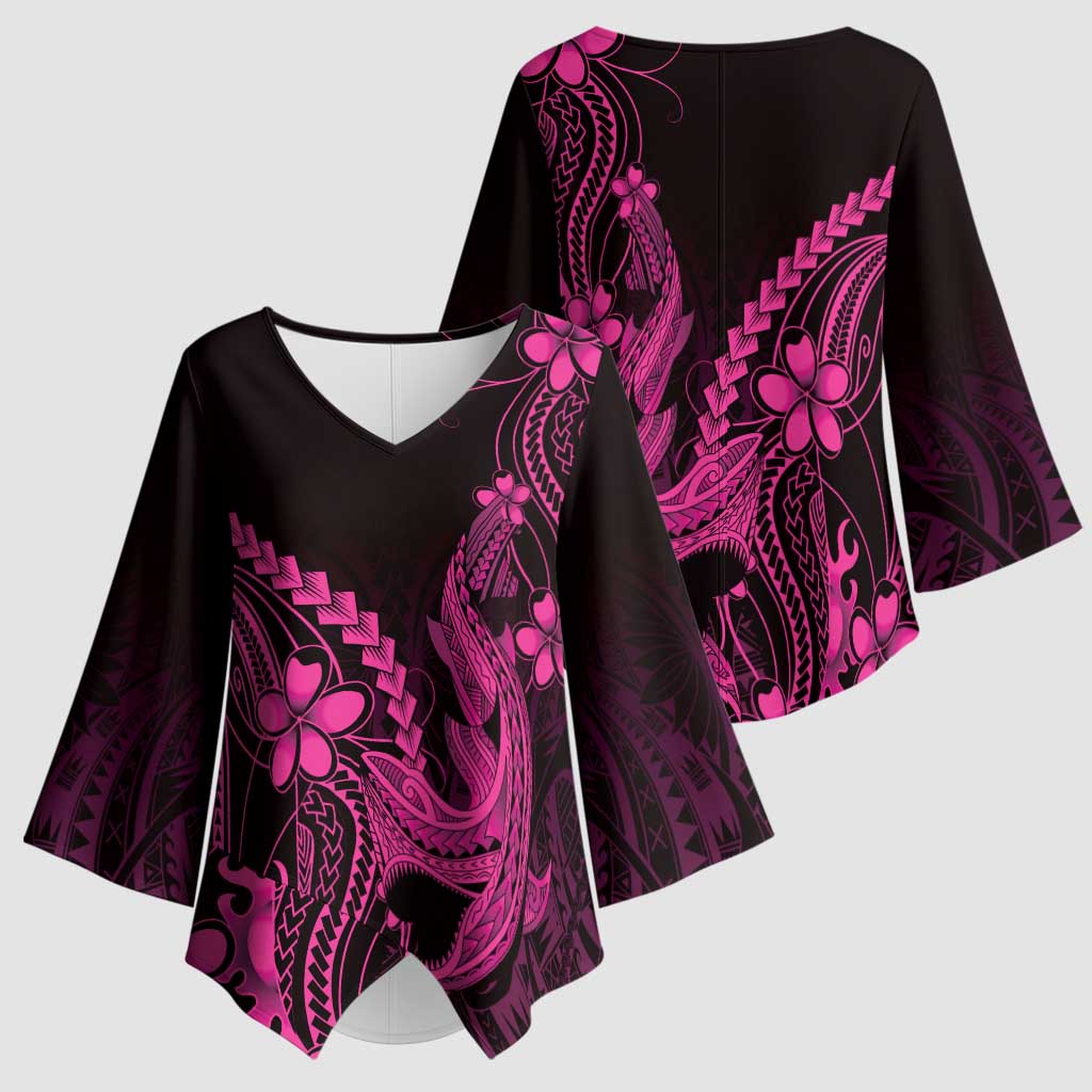 Pink Black Aloha Hawaii Kimono Sleeve Blouse Polynesian Shark Tattoo With Plumeria - Polynesian Pride