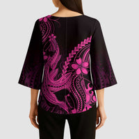 Pink Black Aloha Hawaii Kimono Sleeve Blouse Polynesian Shark Tattoo With Plumeria - Polynesian Pride