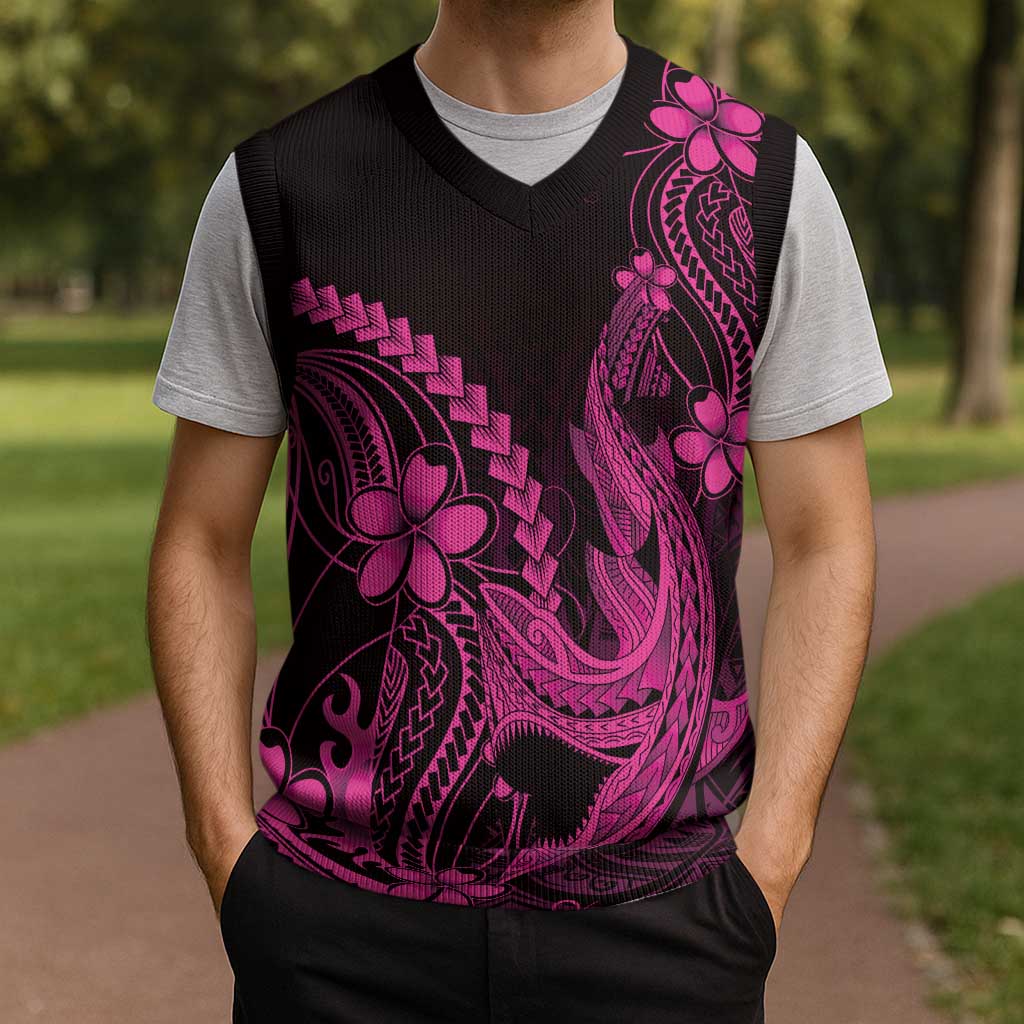 Pink Black Aloha Hawaii Christmas Knitted V-Neck Vest Polynesian Shark Tattoo With Plumeria - Polynesian Pride