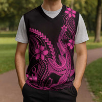 Pink Black Aloha Hawaii Christmas Knitted V-Neck Vest Polynesian Shark Tattoo With Plumeria - Polynesian Pride