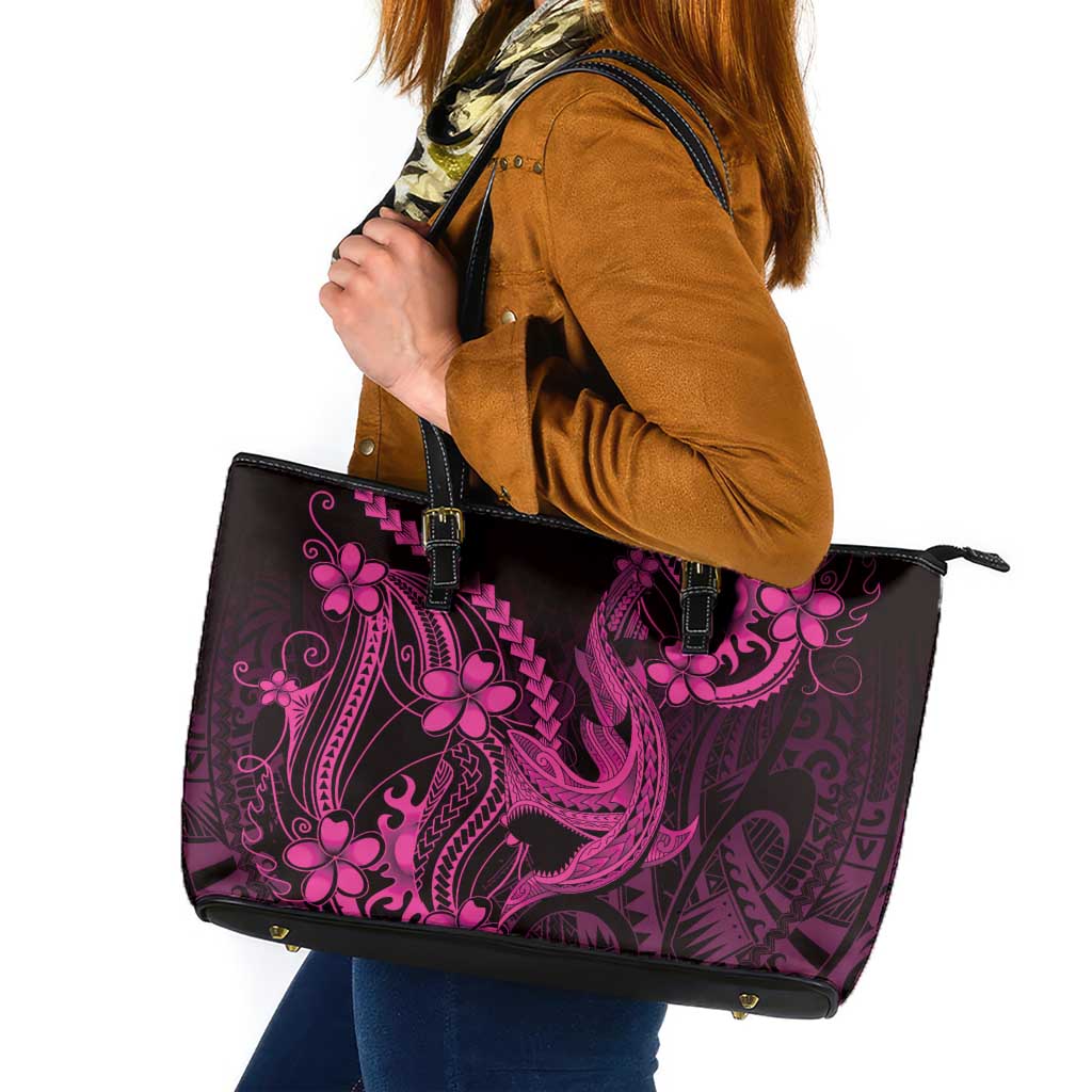 Pink Black Aloha Hawaii Leather Tote Bag Polynesian Shark Tattoo With Plumeria LT14 Pink - Polynesian Pride