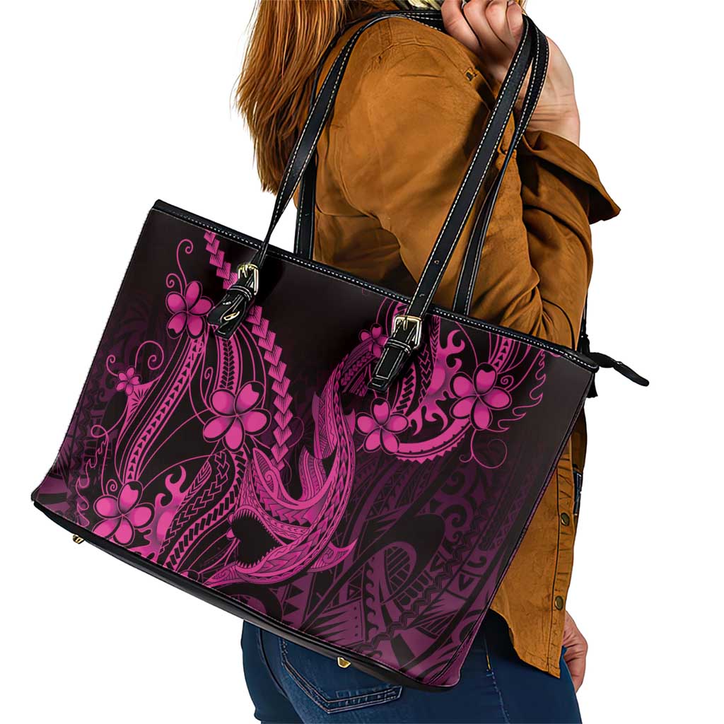 Pink Black Aloha Hawaii Leather Tote Bag Polynesian Shark Tattoo With Plumeria - Polynesian Pride