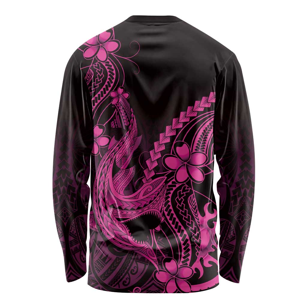 Pink Black Aloha Hawaii Long Sleeve Shirt Polynesian Shark Tattoo With Plumeria - Polynesian Pride