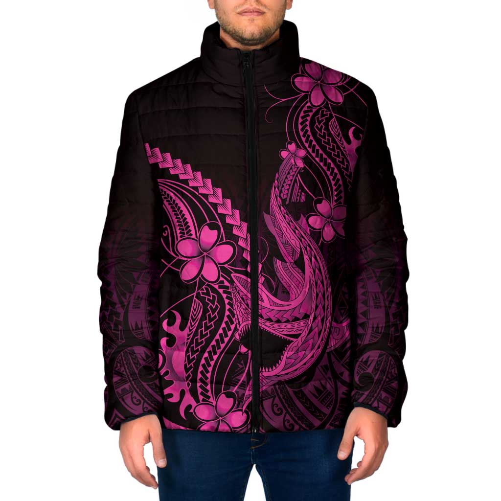 Pink Black Aloha Hawaii Padded Jacket Polynesian Shark Tattoo With Plumeria - Polynesian Pride