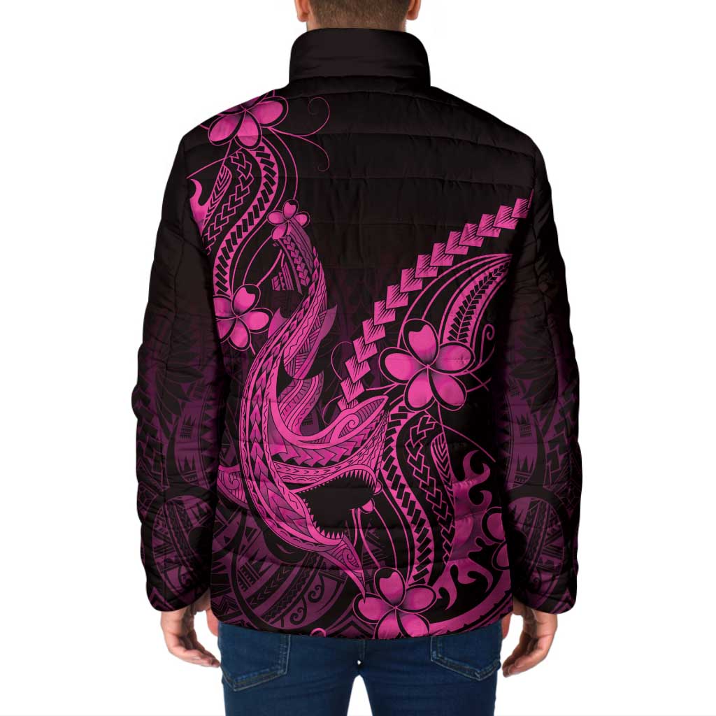Pink Black Aloha Hawaii Padded Jacket Polynesian Shark Tattoo With Plumeria - Polynesian Pride