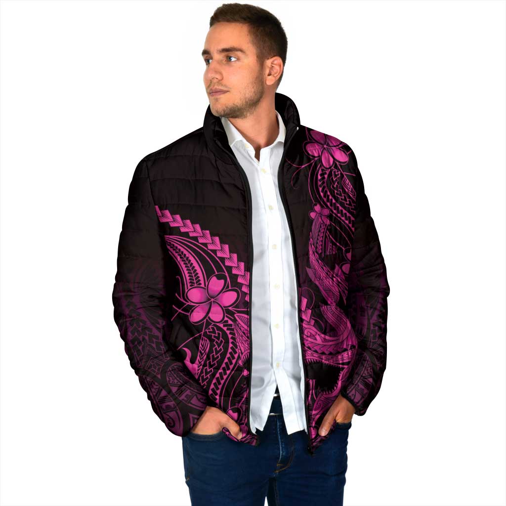 Pink Black Aloha Hawaii Padded Jacket Polynesian Shark Tattoo With Plumeria - Polynesian Pride