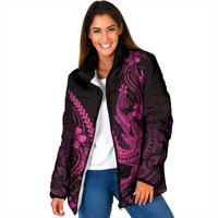 Pink Black Aloha Hawaii Padded Jacket Polynesian Shark Tattoo With Plumeria - Polynesian Pride