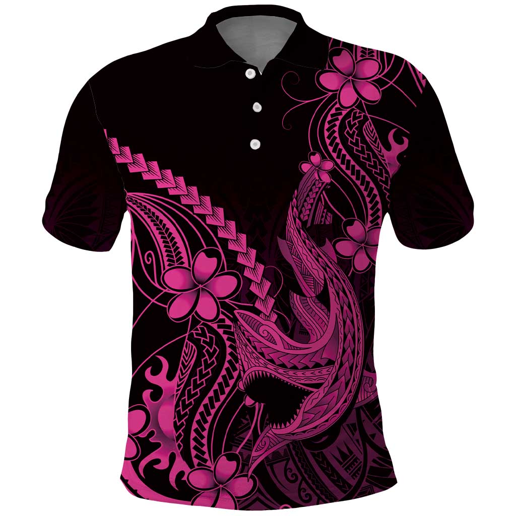 Pink Black Aloha Hawaii Polo Shirt Polynesian Shark Tattoo With Plumeria - Polynesian Pride