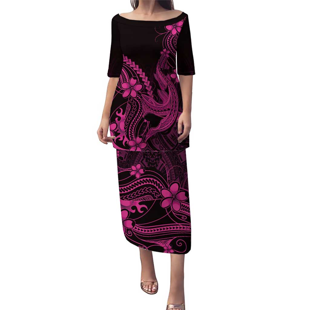 Pink Black Aloha Hawaii Puletasi Polynesian Shark Tattoo With Plumeria LT14 Long Dress Pink - Polynesian Pride
