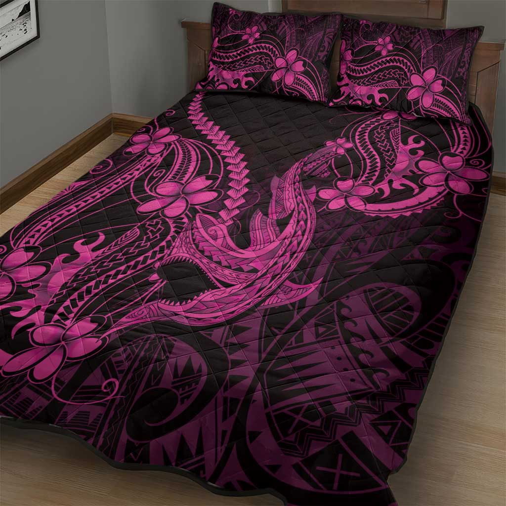 Pink Black Aloha Hawaii Quilt Bed Set Polynesian Shark Tattoo With Plumeria - Polynesian Pride