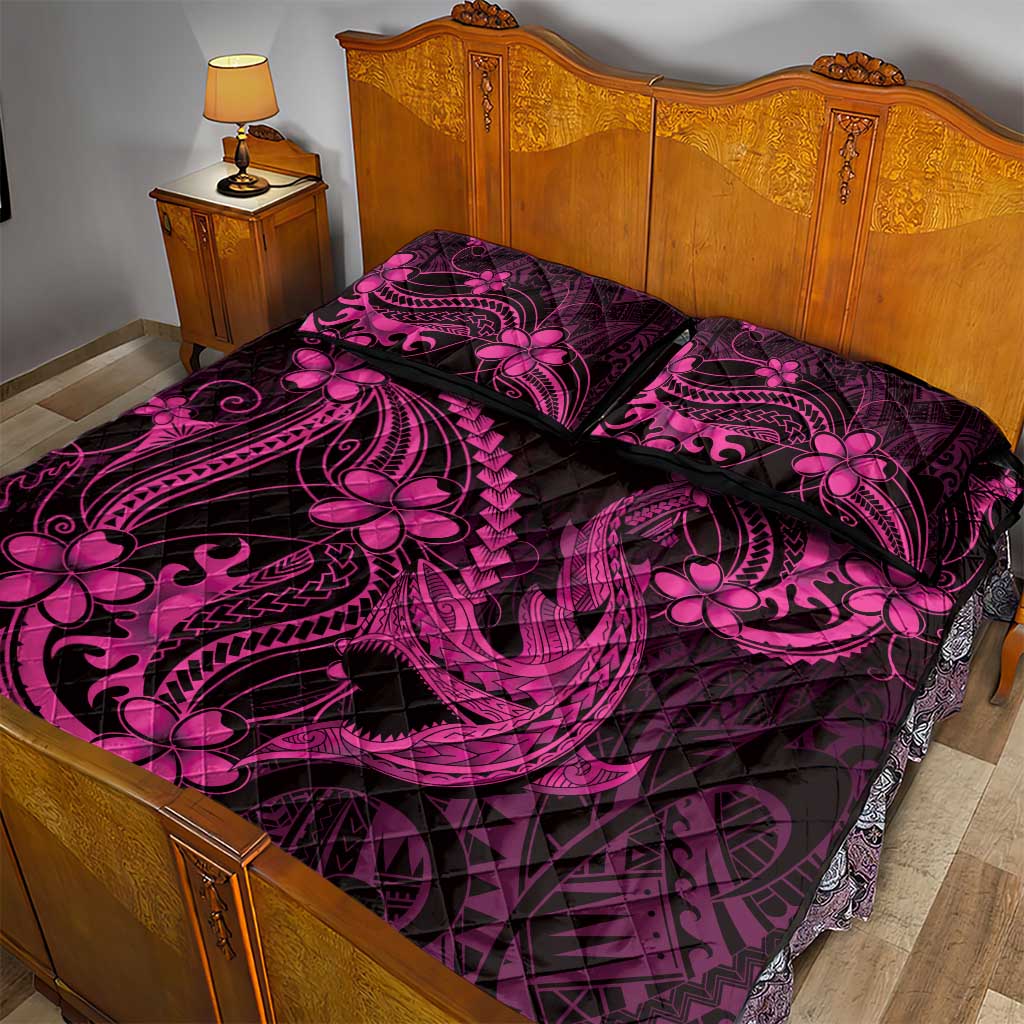 Pink Black Aloha Hawaii Quilt Bed Set Polynesian Shark Tattoo With Plumeria - Polynesian Pride