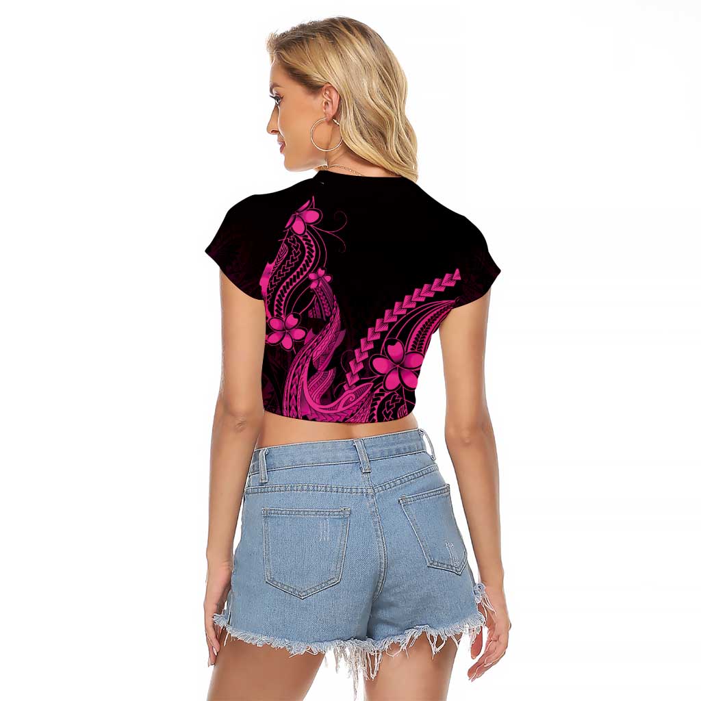 Pink Black Aloha Hawaii Raglan Cropped T Shirt Polynesian Shark Tattoo With Plumeria - Polynesian Pride