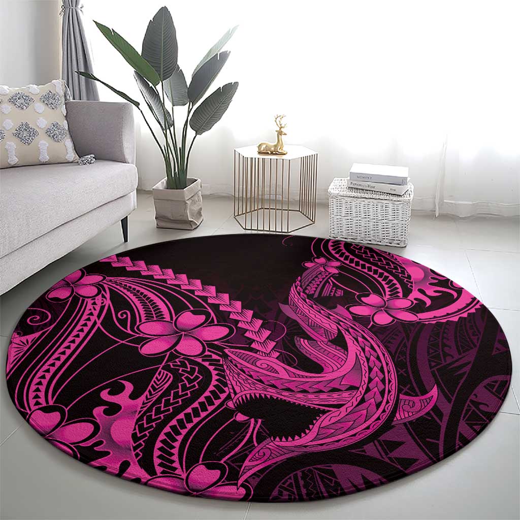 Pink Black Aloha Hawaii Round Carpet Polynesian Shark Tattoo With Plumeria - Polynesian Pride