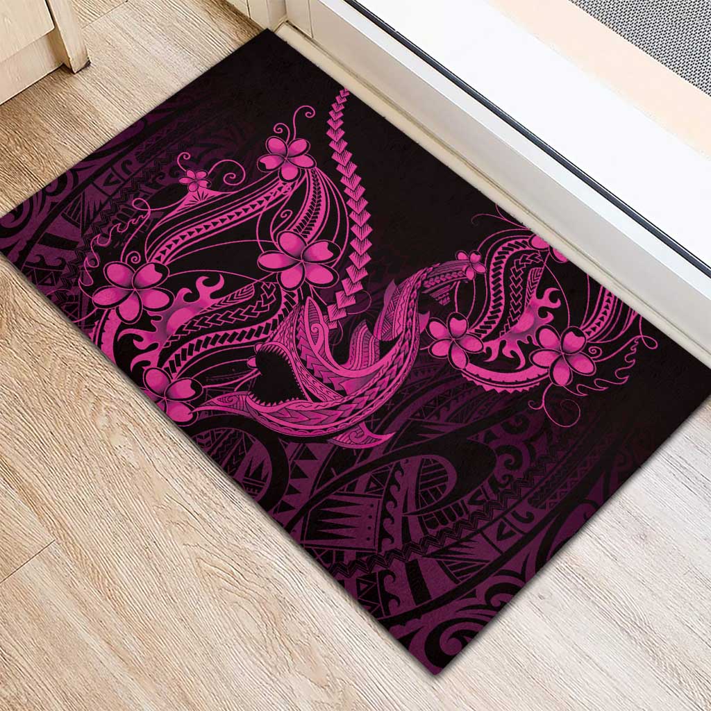 Pink Black Aloha Hawaii Rubber Doormat Polynesian Shark Tattoo With Plumeria - Polynesian Pride