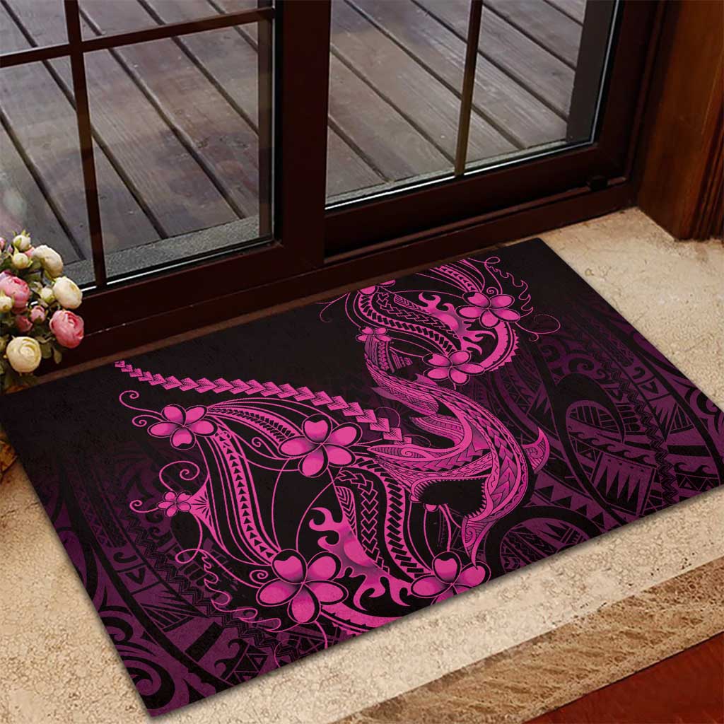 Pink Black Aloha Hawaii Rubber Doormat Polynesian Shark Tattoo With Plumeria - Polynesian Pride