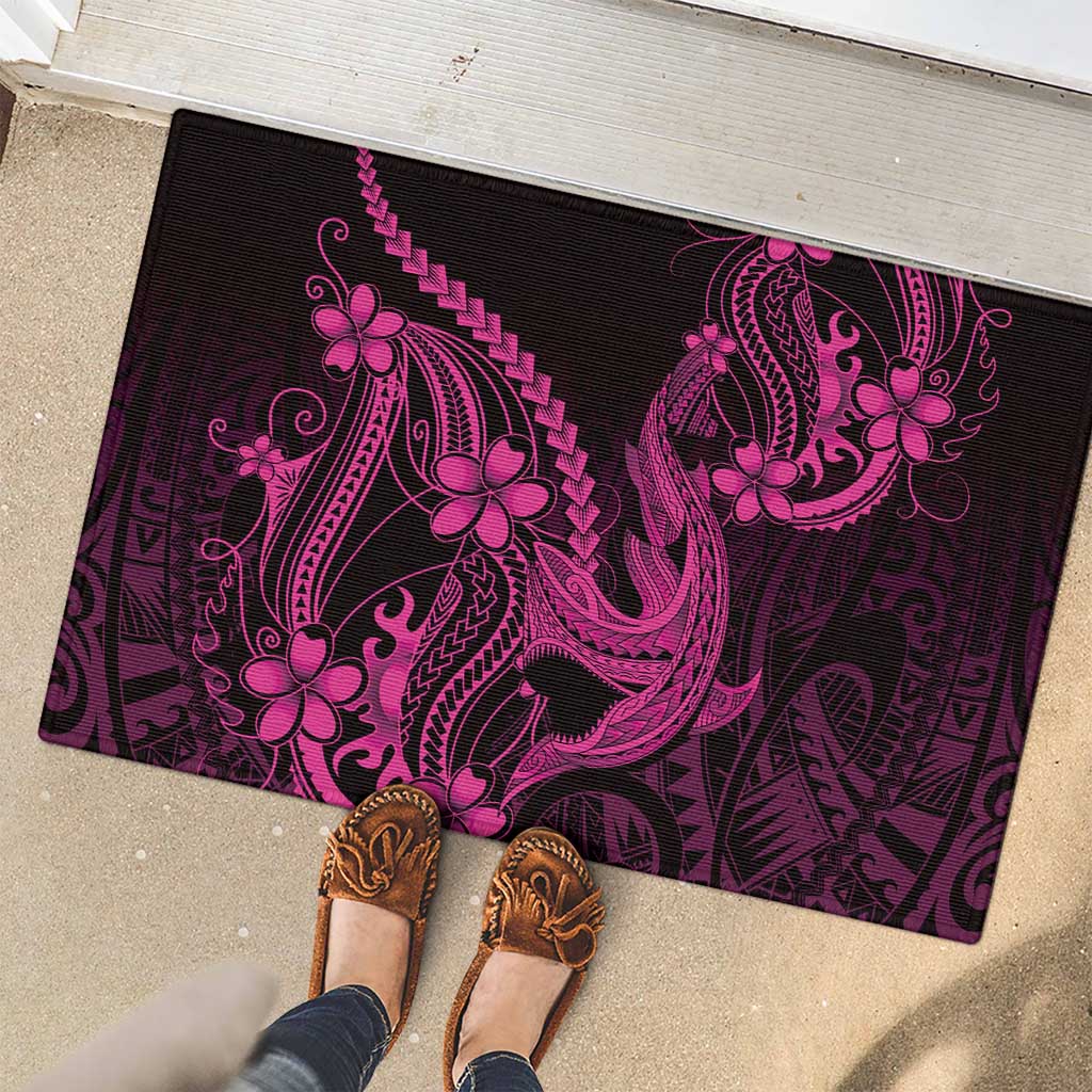 Pink Black Aloha Hawaii Rubber Doormat Polynesian Shark Tattoo With Plumeria - Polynesian Pride