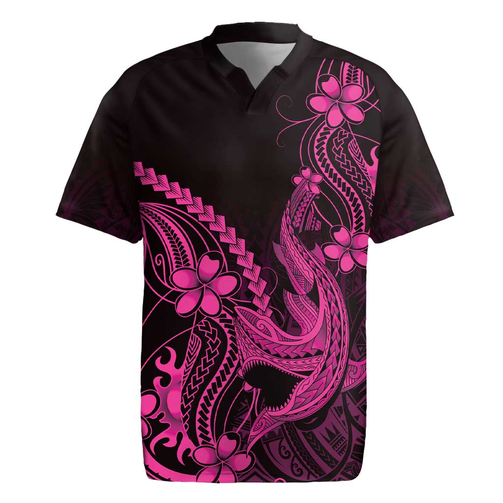 Pink Black Aloha Hawaii Rugby Jersey Polynesian Shark Tattoo With Plumeria - Polynesian Pride