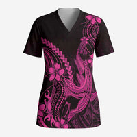 Pink Black Aloha Hawaii Scrub Top Polynesian Shark Tattoo With Plumeria - Polynesian Pride