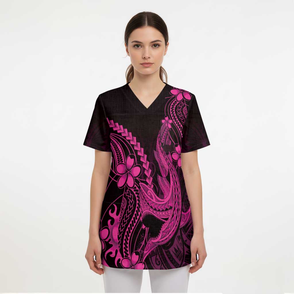 Pink Black Aloha Hawaii Scrub Top Polynesian Shark Tattoo With Plumeria - Polynesian Pride