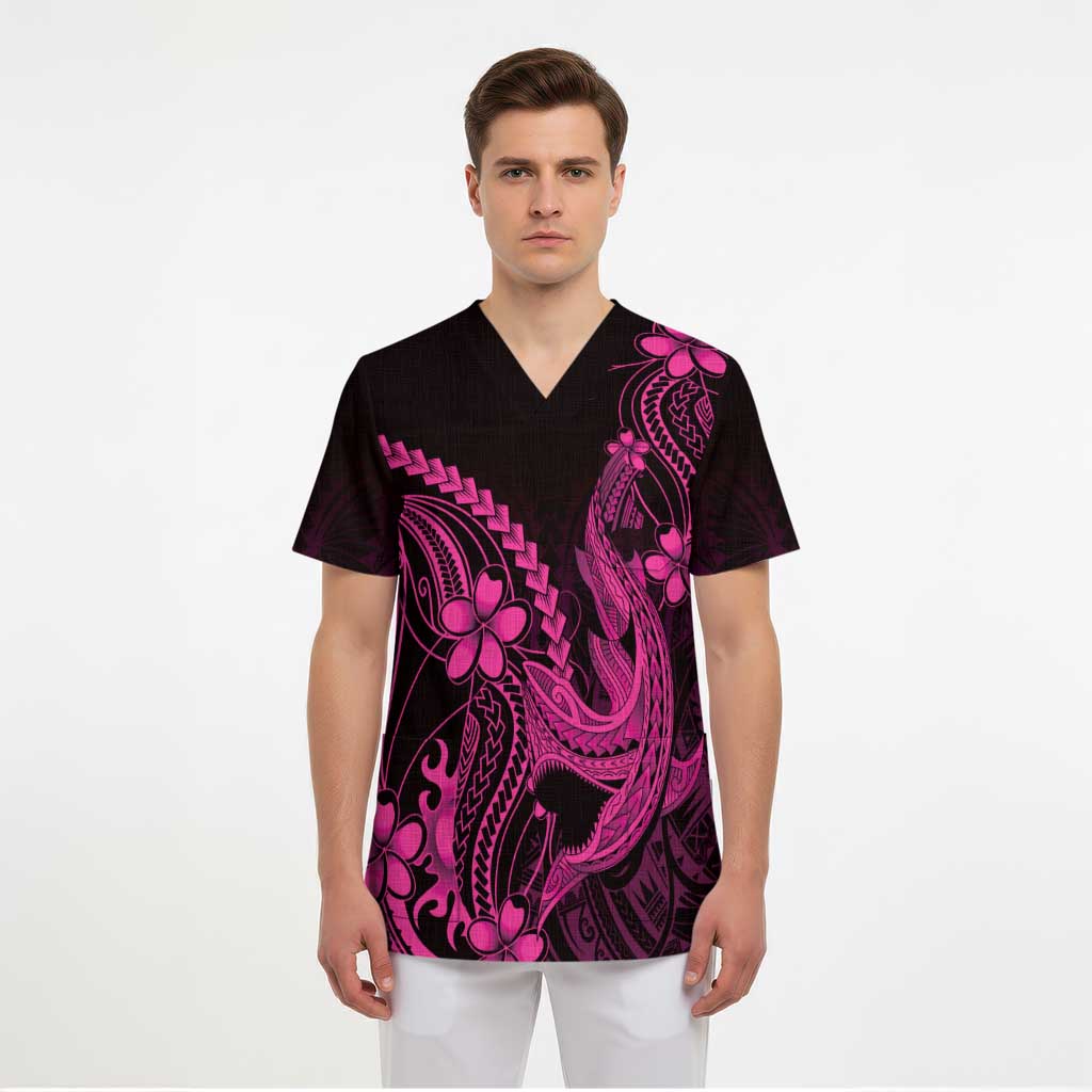 Pink Black Aloha Hawaii Scrub Top Polynesian Shark Tattoo With Plumeria - Polynesian Pride