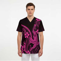 Pink Black Aloha Hawaii Scrub Top Polynesian Shark Tattoo With Plumeria - Polynesian Pride