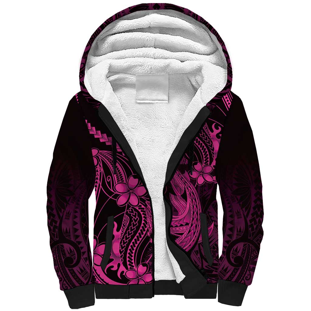 Pink Black Aloha Hawaii Sherpa Hoodie Polynesian Shark Tattoo With Plumeria LT14 Unisex Pink - Polynesian Pride