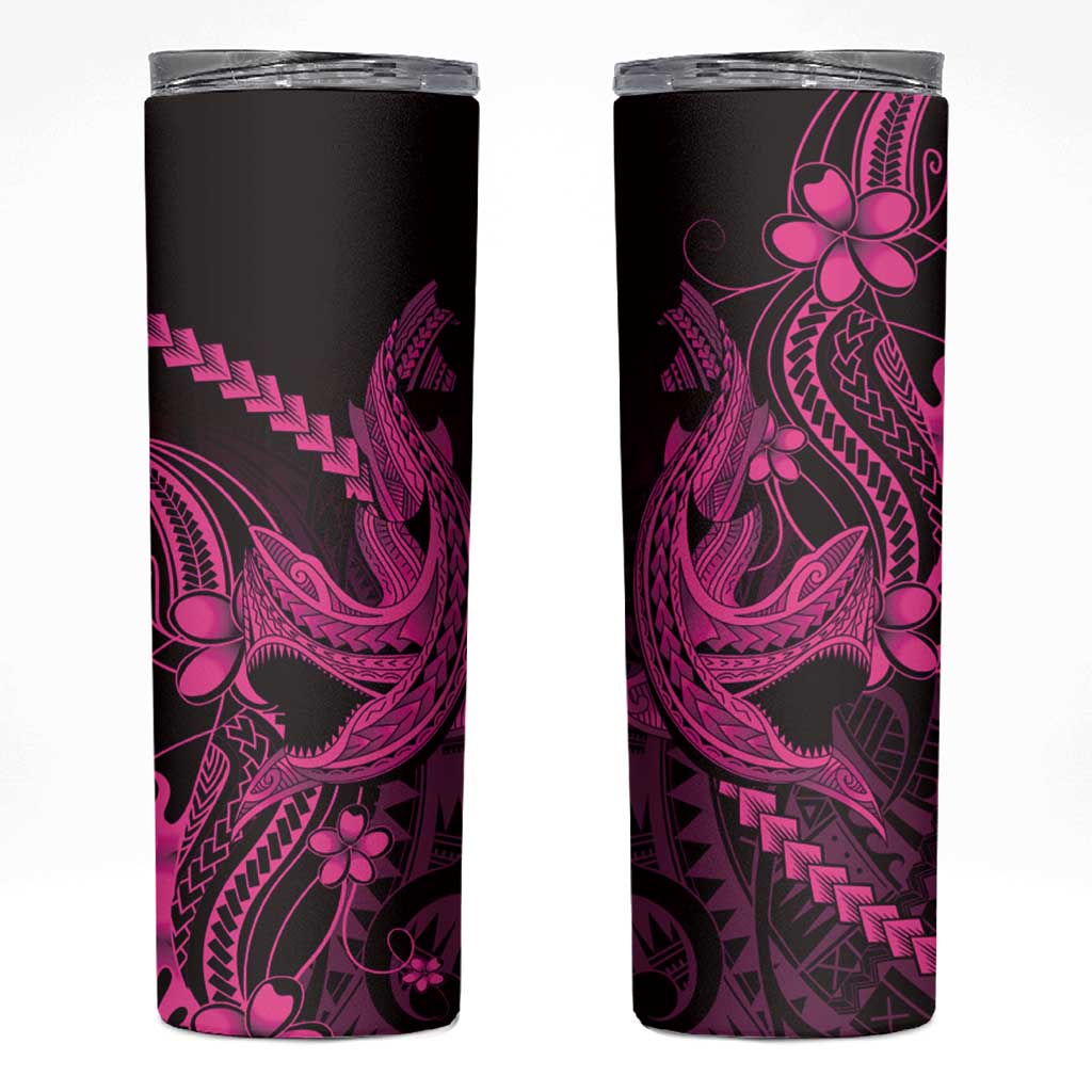 Pink Black Aloha Hawaii Skinny Tumbler Polynesian Shark Tattoo With Plumeria - Polynesian Pride