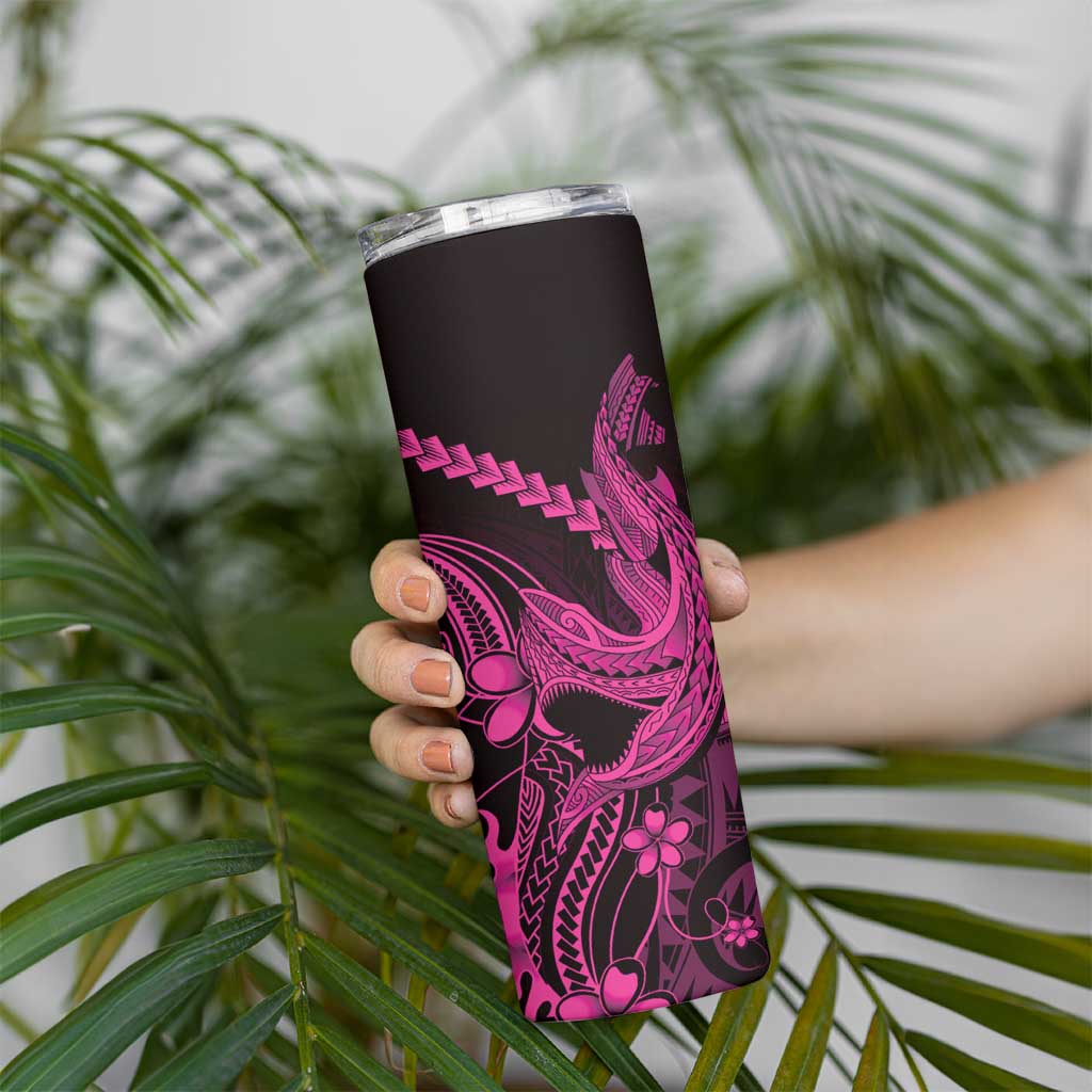 Pink Black Aloha Hawaii Skinny Tumbler Polynesian Shark Tattoo With Plumeria - Polynesian Pride