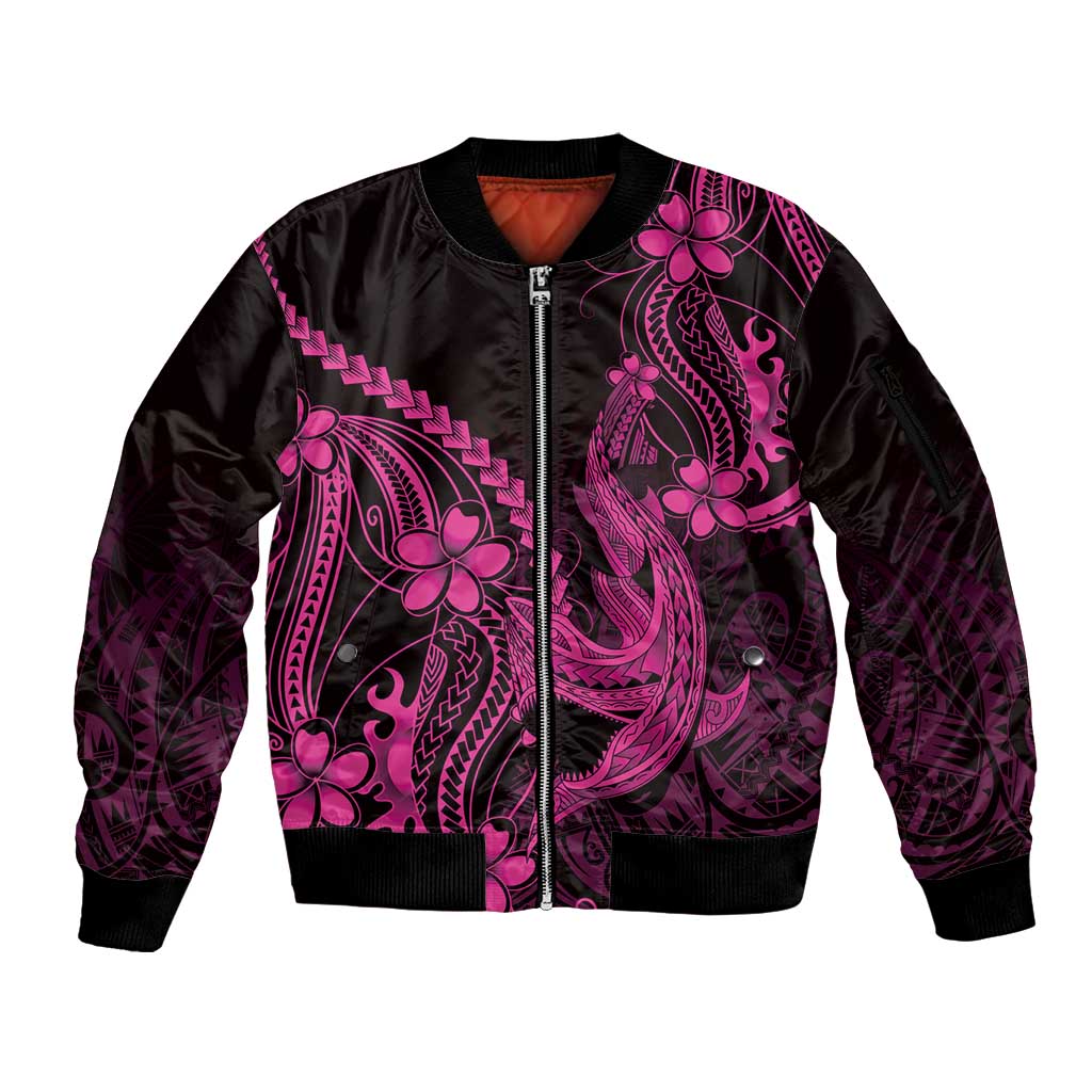 Pink Black Aloha Hawaii Sleeve Zip Bomber Jacket Polynesian Shark Tattoo With Plumeria LT14 Unisex Pink - Polynesian Pride