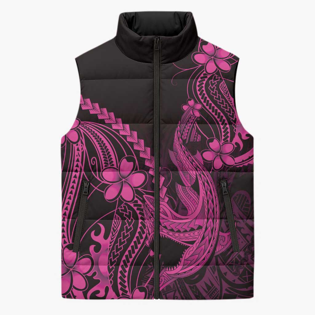 Pink Black Aloha Hawaii Sleeveless Puffer Jacket Polynesian Shark Tattoo With Plumeria LT14 Unisex Pink - Polynesian Pride