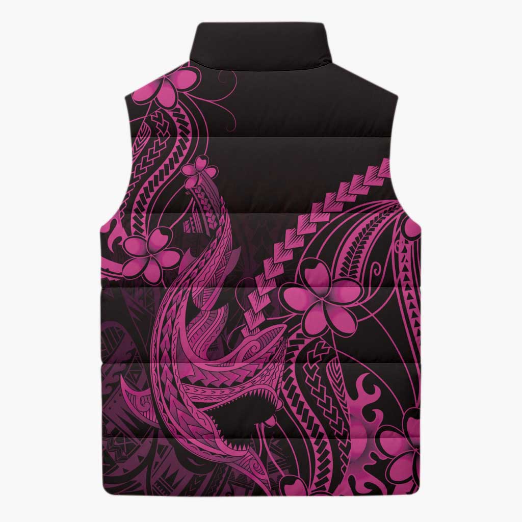 Pink Black Aloha Hawaii Sleeveless Puffer Jacket Polynesian Shark Tattoo With Plumeria - Polynesian Pride