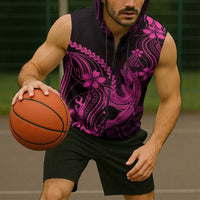 Pink Black Aloha Hawaii Sleeveless Zip Hoodie Polynesian Shark Tattoo With Plumeria - Polynesian Pride