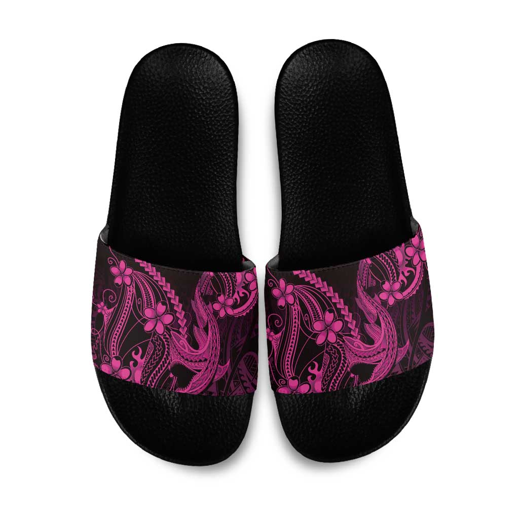 Pink Black Aloha Hawaii Slide Sandals Polynesian Shark Tattoo With Plumeria LT14 Pink - Polynesian Pride