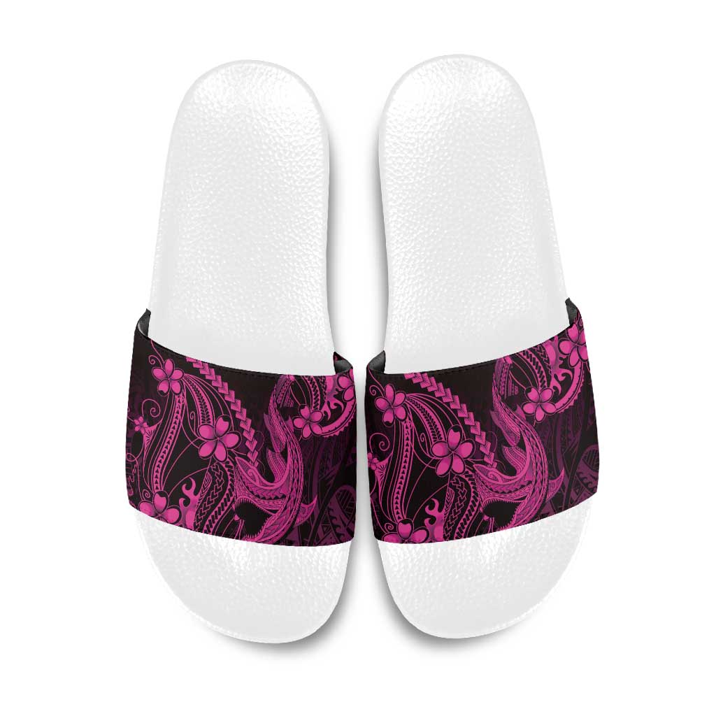 Pink Black Aloha Hawaii Slide Sandals Polynesian Shark Tattoo With Plumeria - Polynesian Pride