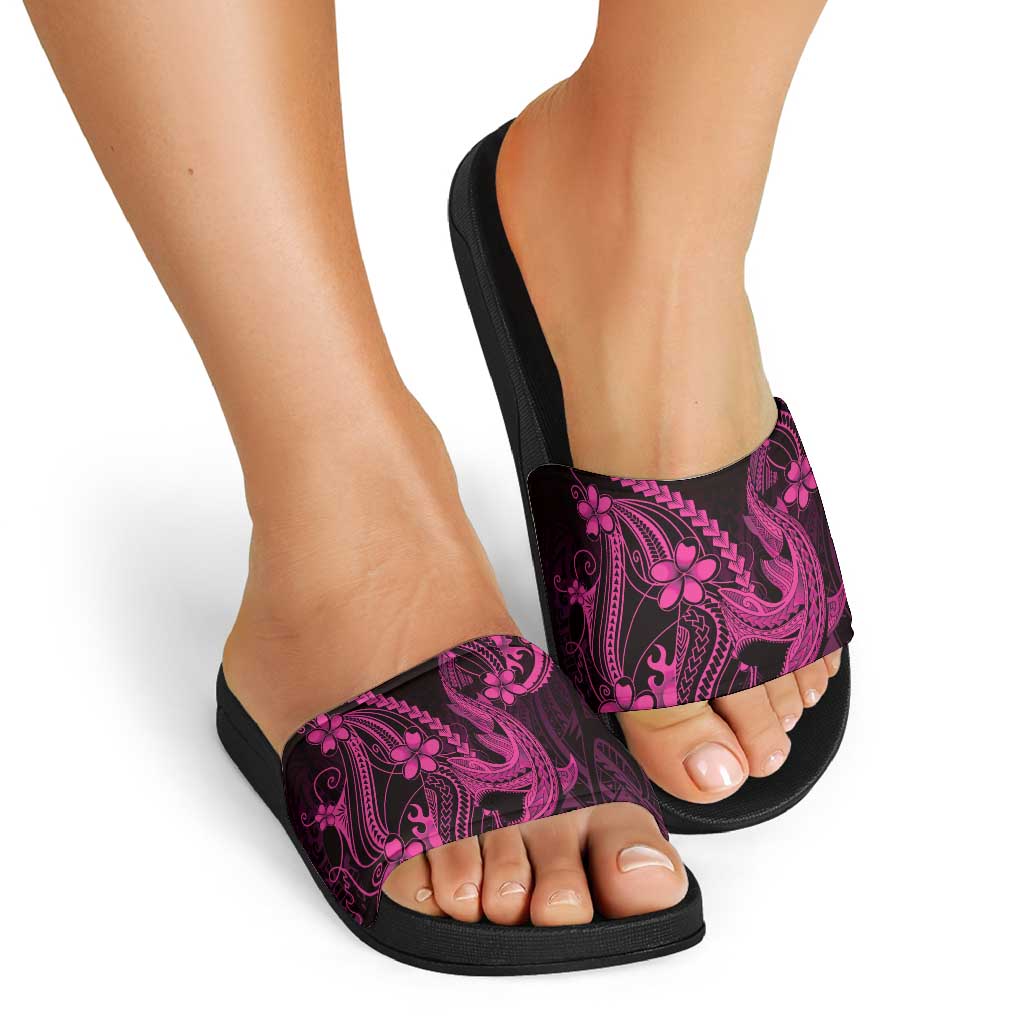 Pink Black Aloha Hawaii Slide Sandals Polynesian Shark Tattoo With Plumeria - Polynesian Pride