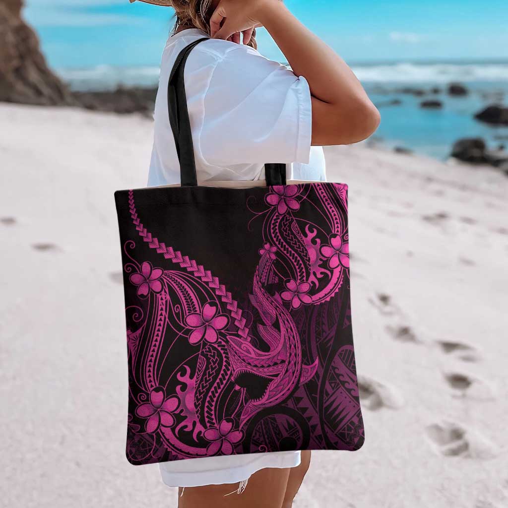 Pink Black Aloha Hawaii Tote Bag Polynesian Shark Tattoo With Plumeria - Polynesian Pride